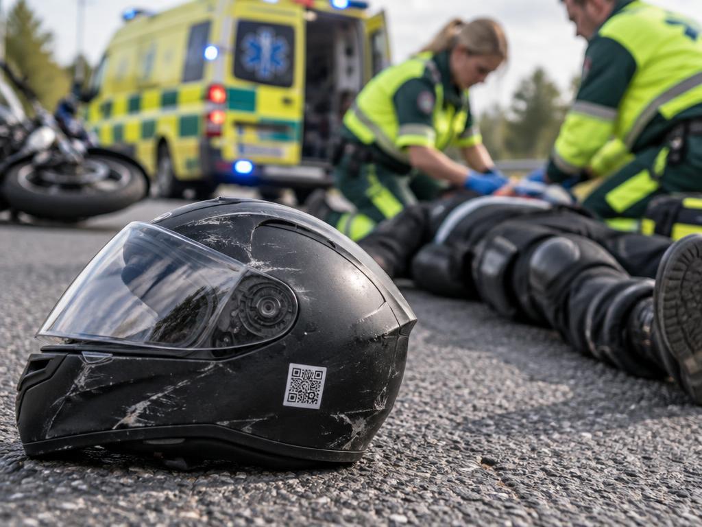 Motorcykelhjälm med QR-kod vid en trafikolycka