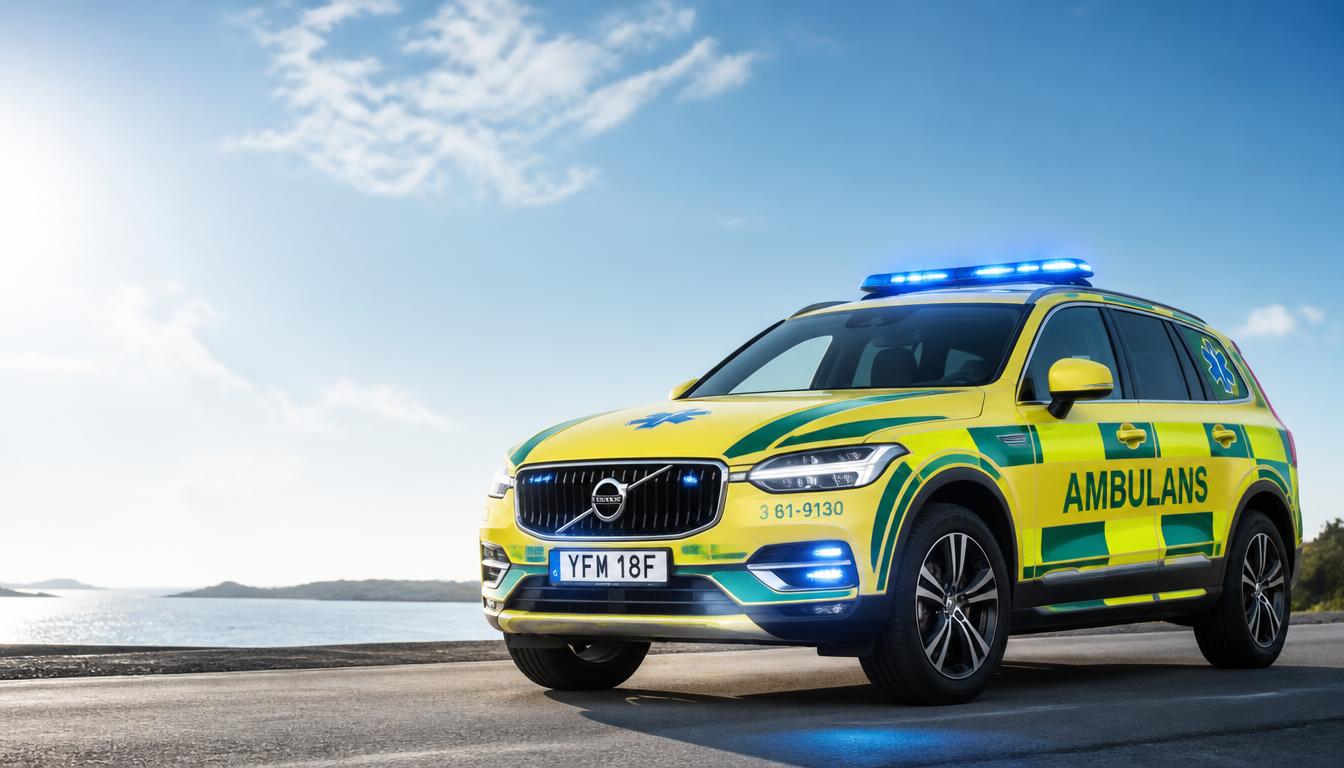 Svensk ambulansbil med blåljus